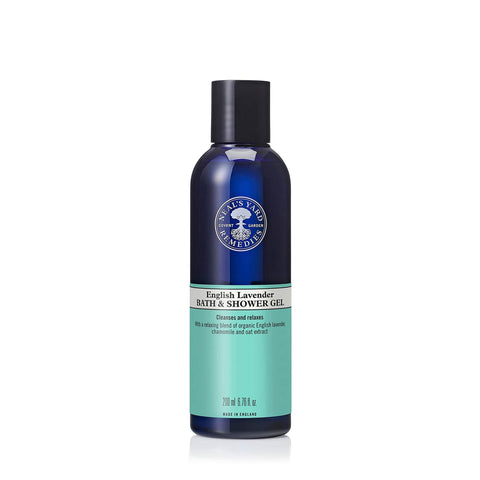Neals Yard Remedies English Lavender Bath and Shower gel 200ml in a blue bottle on a white background
