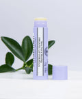 Neal's Yard Remedies' Shea Nut and Rosehip Organic Lip Formula  on a white table with green leaves  in the background.