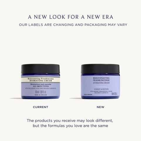 Two jars of Rejuvenating Frankincense Hydrating Cream with text about changing labels and packaging.